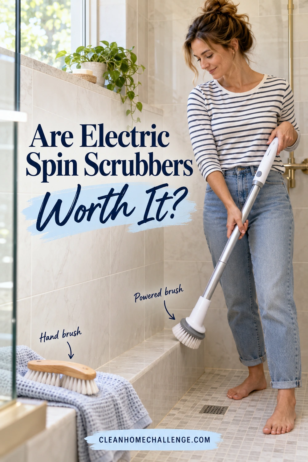 Woman holding a long-handled spin scrubber beside a tiled shower ledge, with a wooden hand brush resting on a dry towel.
