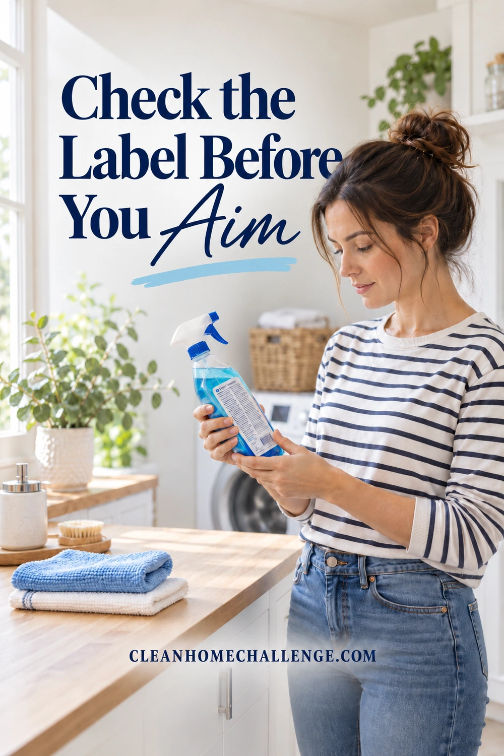Woman reading the back label of a cleaning bottle held below her face in a bright laundry room.