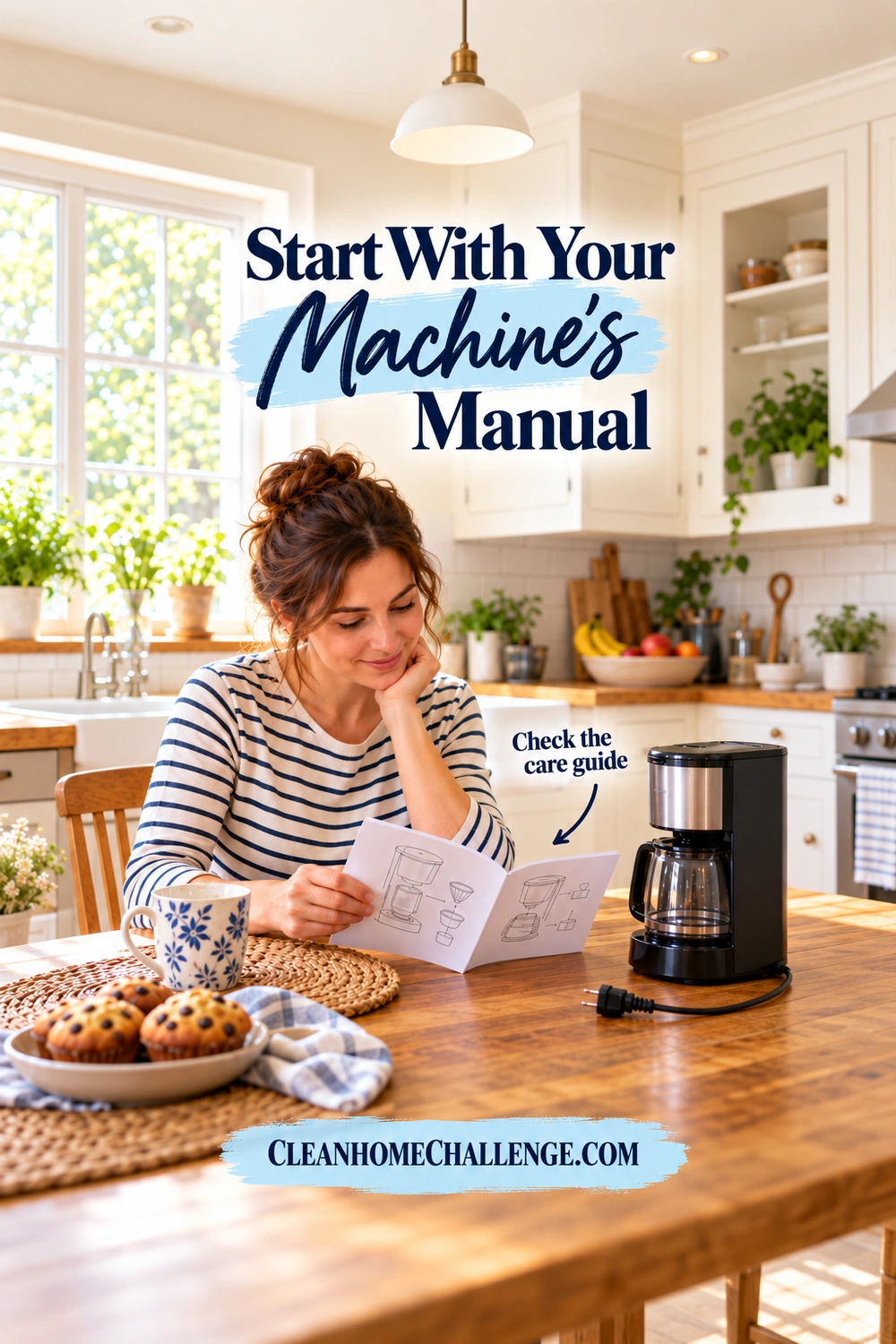 A woman in a striped shirt reads an illustrated care booklet beside an unplugged drip coffee maker on a kitchen table.