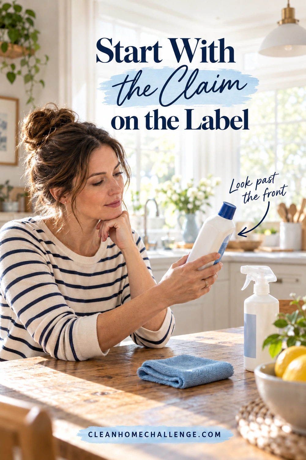 Seated striped-shirt woman examining a closed white bottle with a blue cap at a wooden kitchen table; a spray bottle and blue cloth sit nearby.