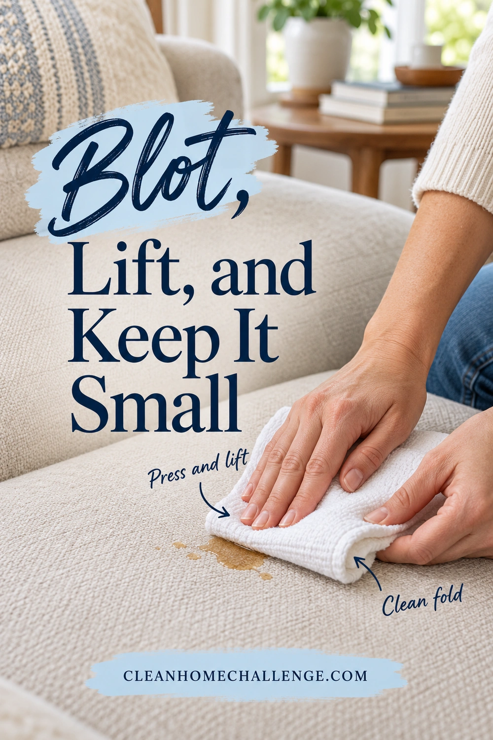 Hands press a folded white cloth over a small brown spill on an oatmeal sofa, with arrows indicating the pressing action and clean cloth fold.