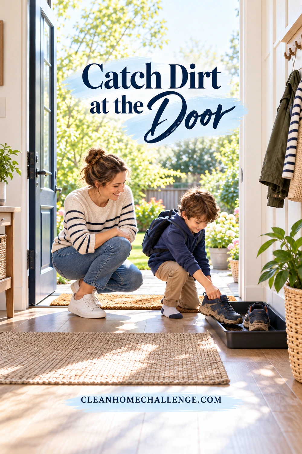 A parent and child pause beside an entry mat and a clear shoe tray.