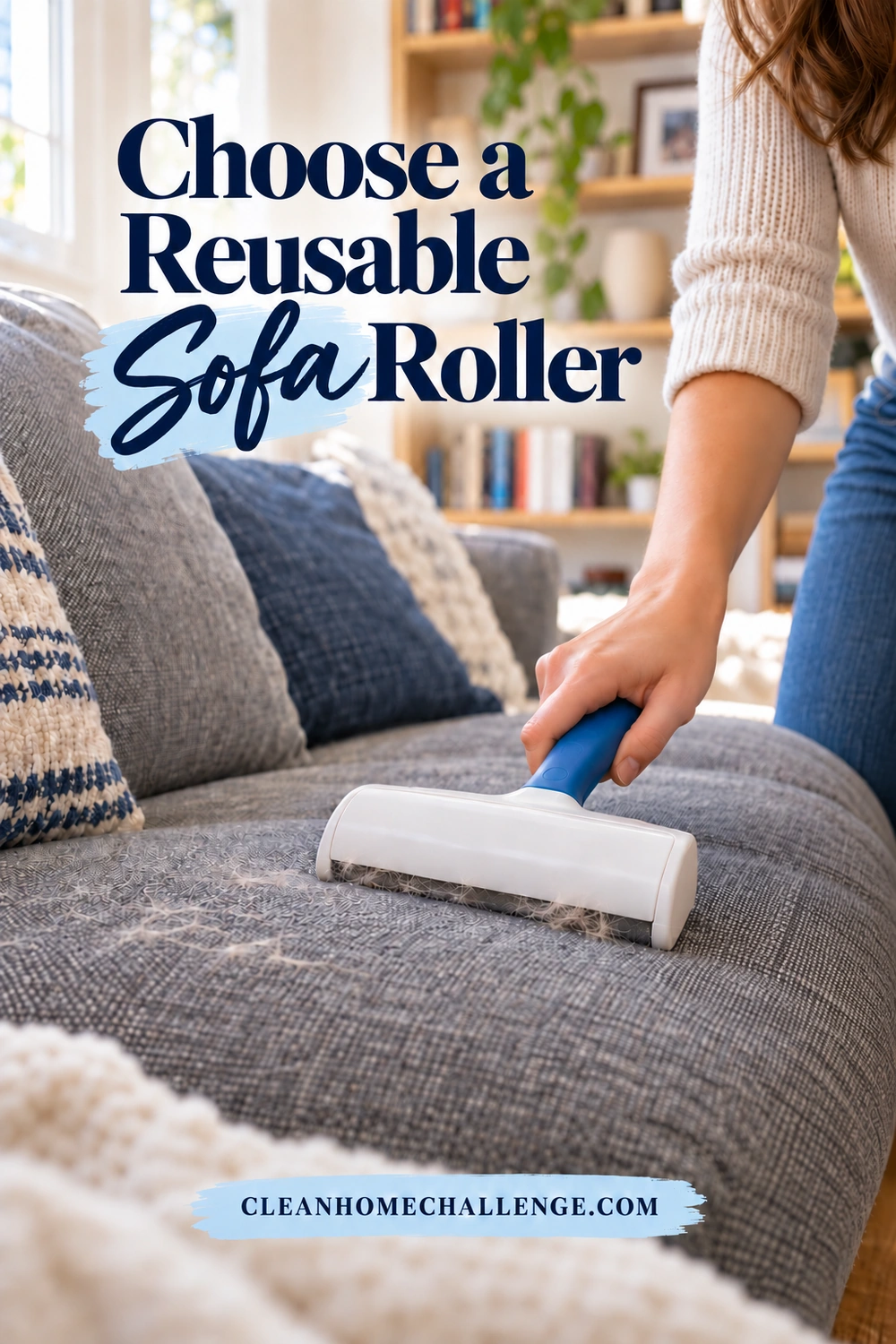 A hand moves a white enclosed reusable hair roller with a blue handle across a taut gray sofa cushion scattered with pet hair.