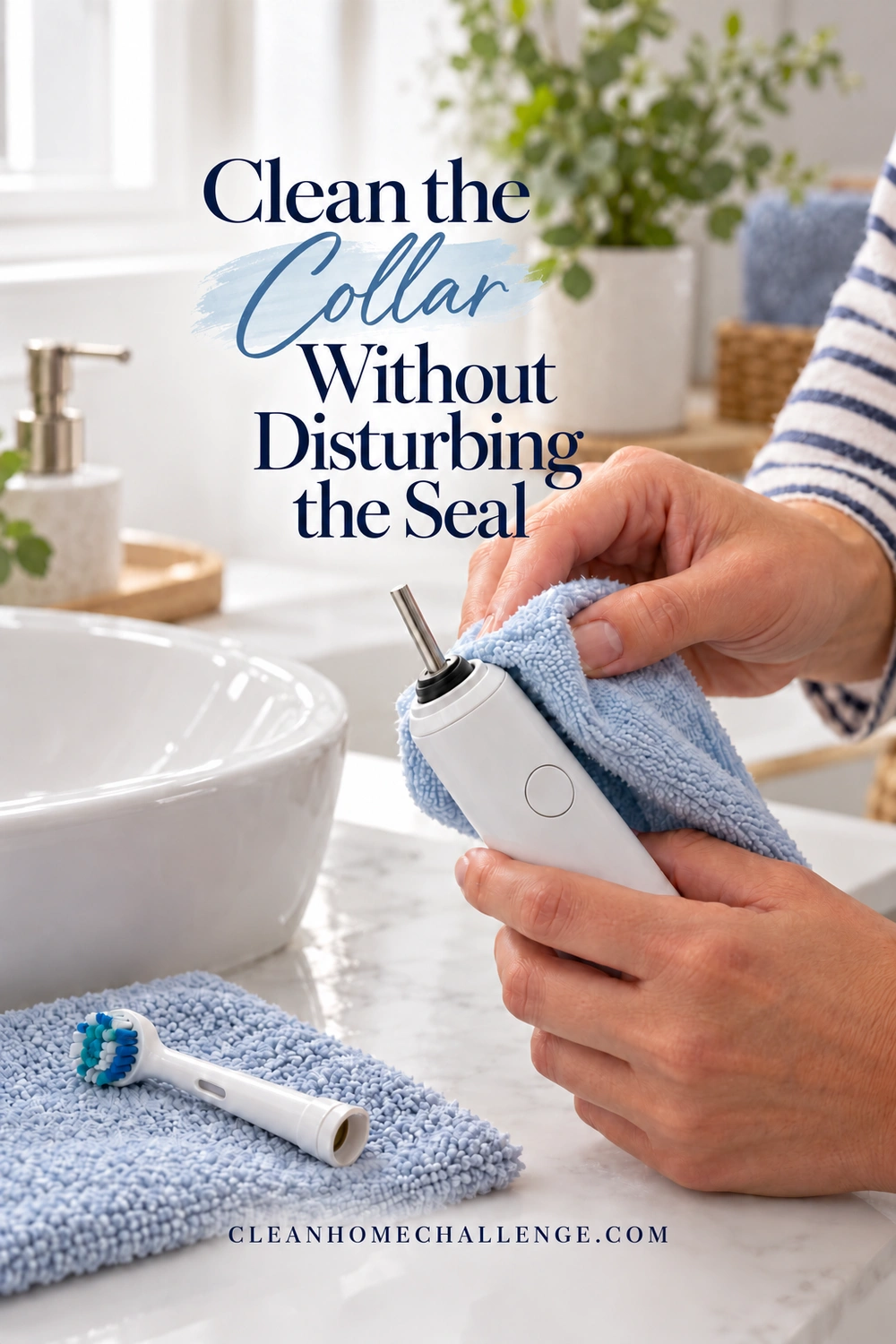 Striped-sleeve hands wipe the outside collar of an electric toothbrush with a soft blue cloth while the detached head rests on a towel.