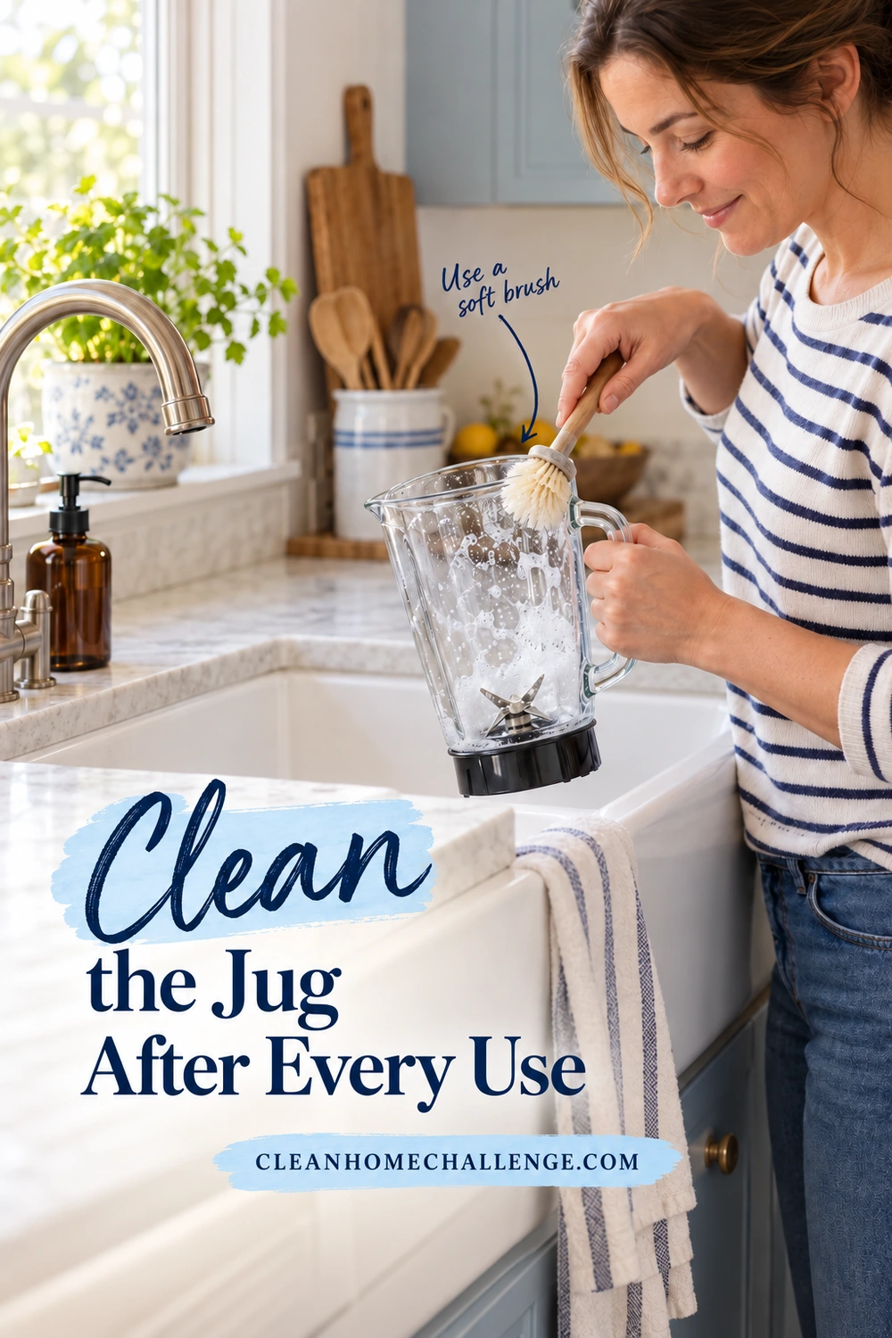 A woman holds a detached blender jug by its handle and uses a long-handled soft brush on the upper inside wall above the sink.