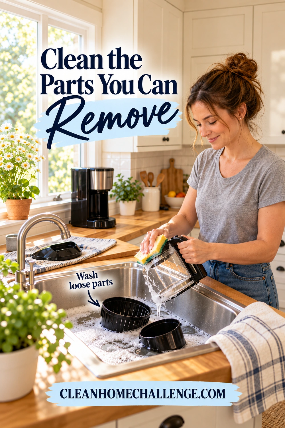 A woman washes a removed glass coffee carafe over the sink, with loose black coffee maker parts in the water and the brewer on the dry counter.