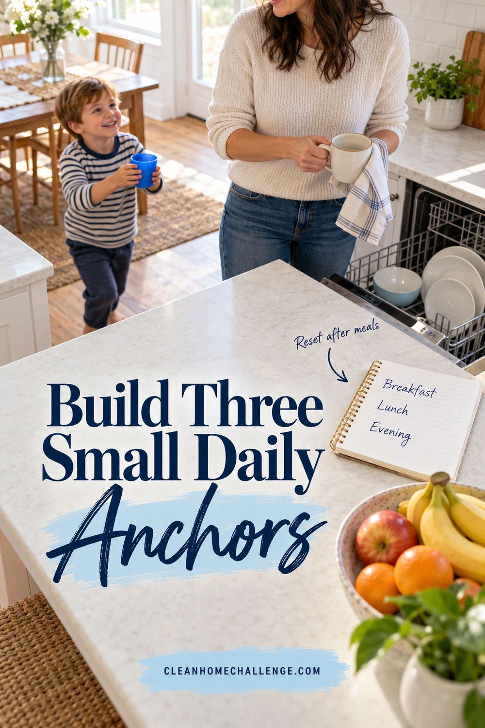 A woman holds a mug beside an open dishwasher while a child carries a blue cup; a notebook lists Breakfast, Lunch, and Evening.
