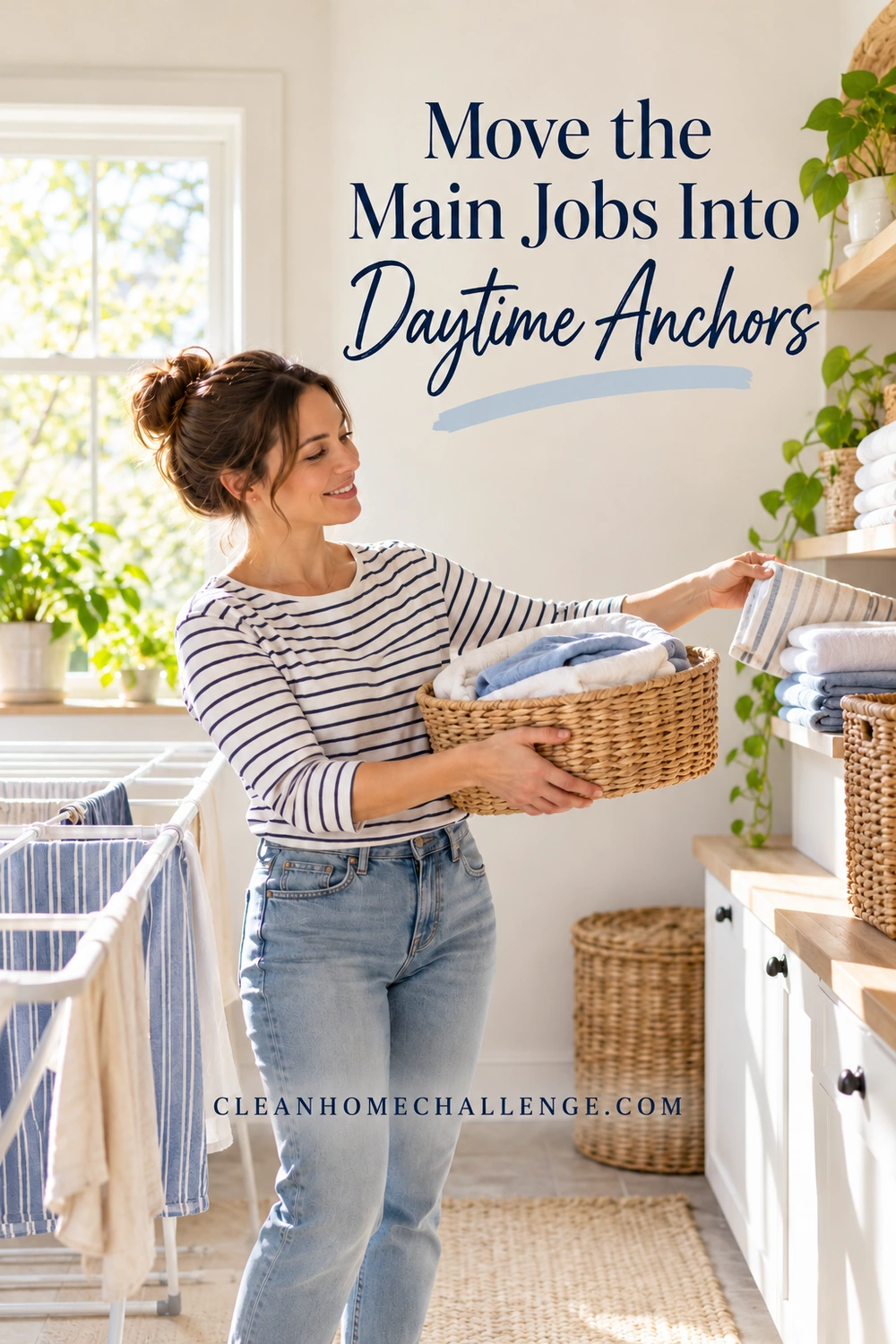 Woman carrying basket of clean dry towels in sunny laundry beside drying rack.