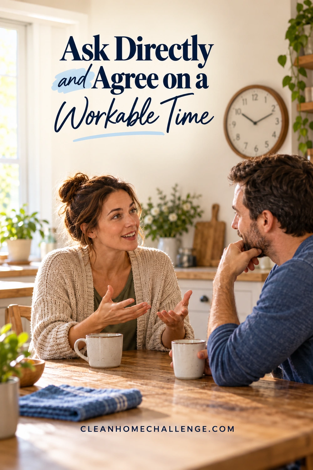 Two adults talk at a kitchen table with cups, a folded blue cloth, and a wall clock.