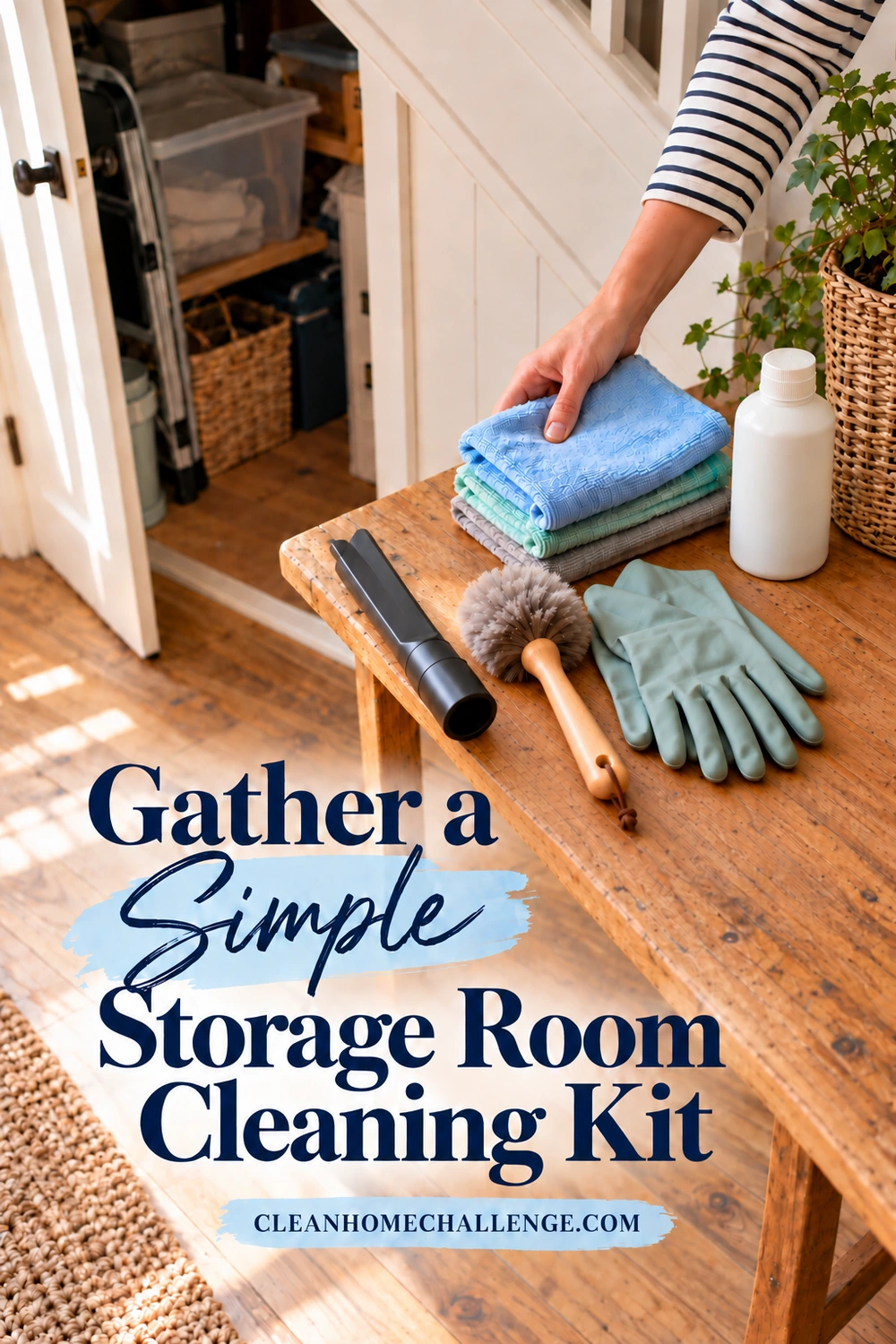 A striped-sleeve hand sets folded microfiber cloths on a wooden table beside gloves, a soft brush, vacuum nozzle and closed bottle near an open storage cupboard.