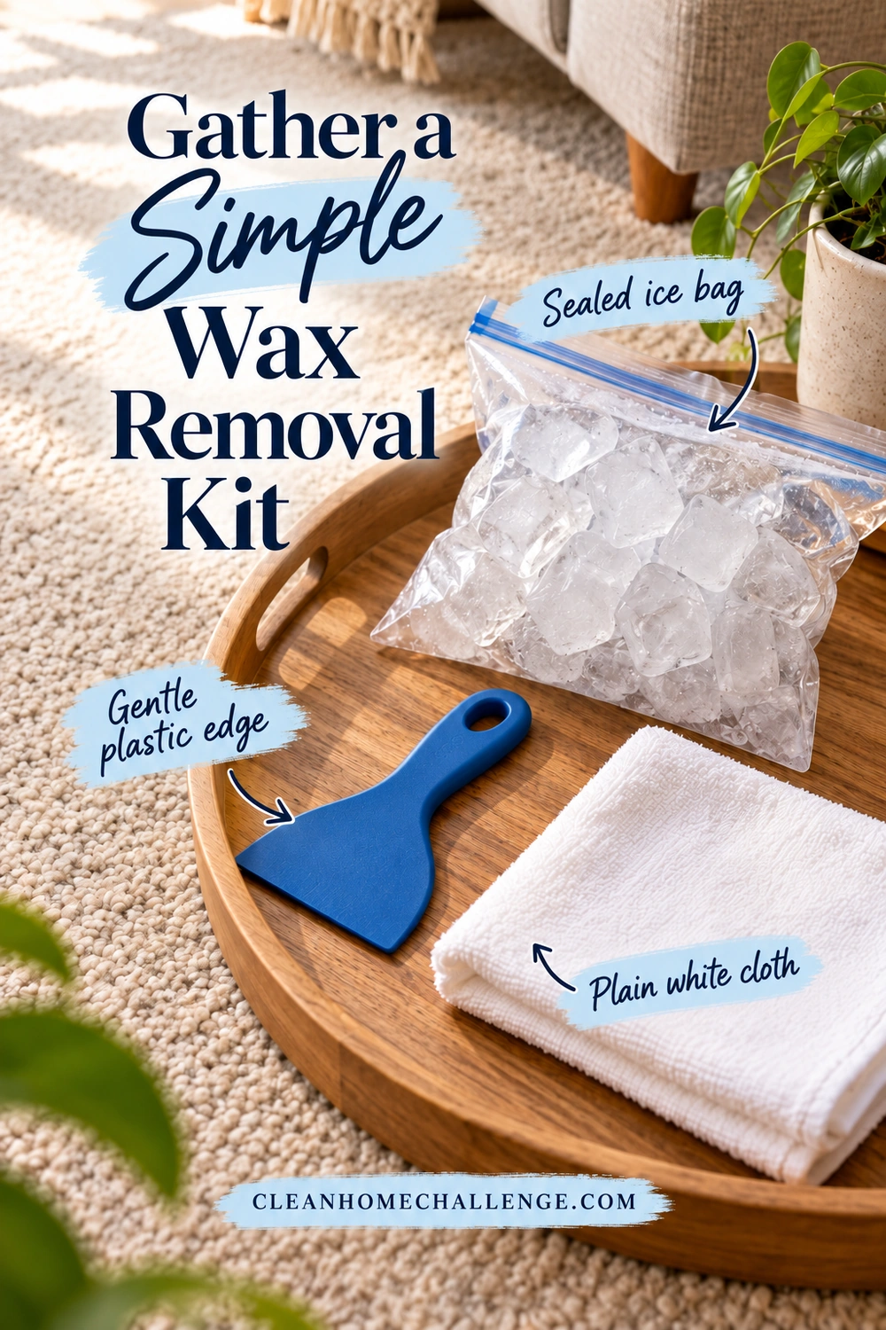 A wooden tray on beige carpet holds a sealed ice bag, blue plastic scraper and folded white cloth, with curved arrows labeling each wax-removal supply.