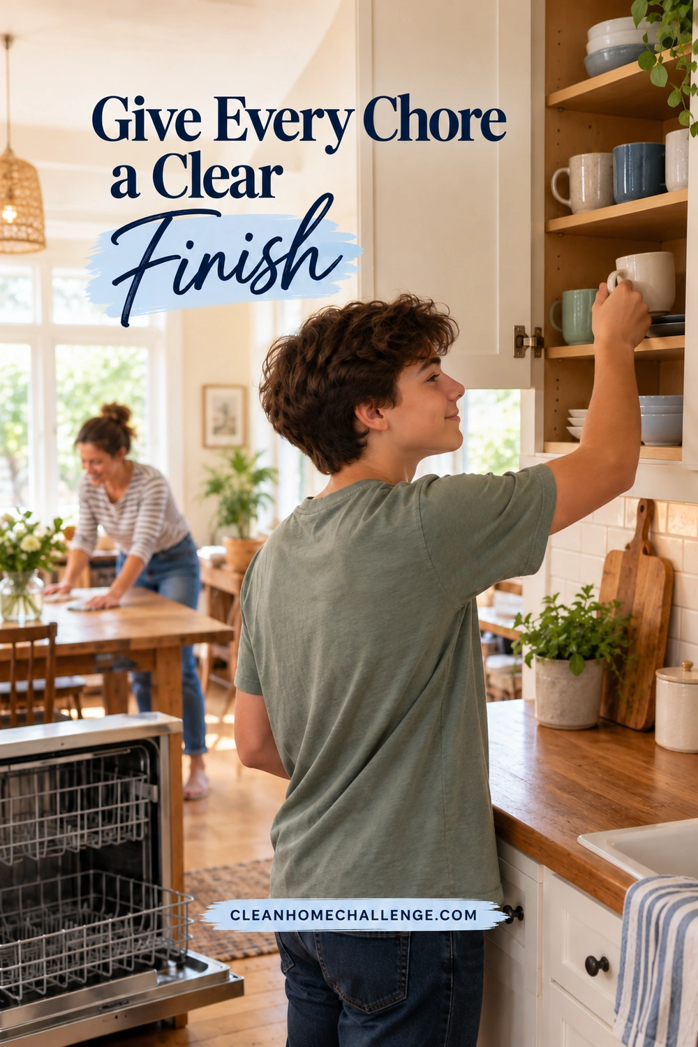 A teenage boy returns a mug to a kitchen cupboard beside an empty dishwasher while an adult woman wipes the table behind him.