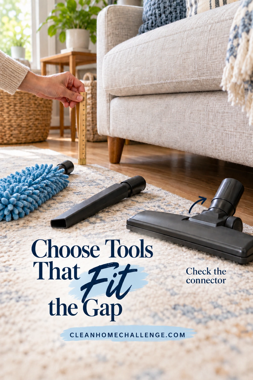 A hand holds a ruler beside a sofa gap, with a blue microfiber duster, crevice nozzle, and low-profile vacuum head on the rug.