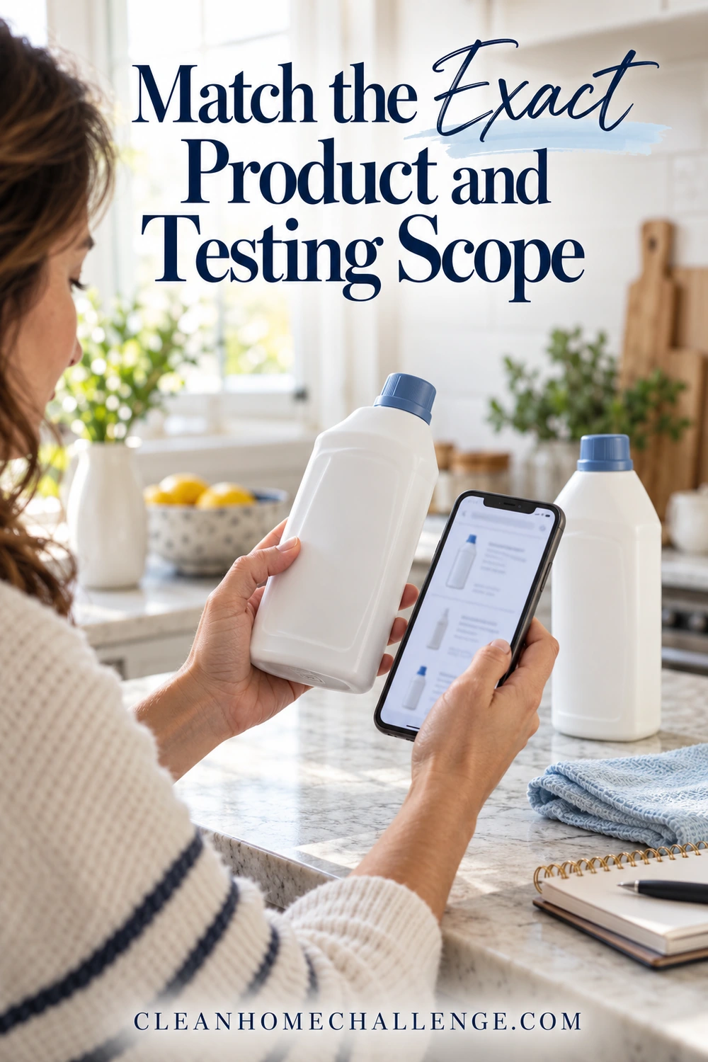 Over-shoulder view of woman comparing capped bottle with phone product results beside another bottle.