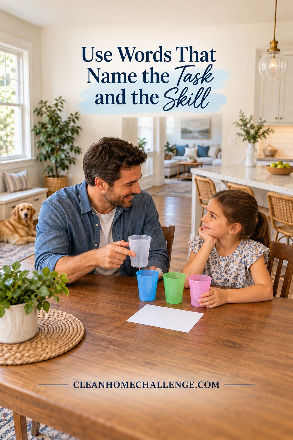 A father and daughter discuss plastic cups and a blank card at a kitchen table.
