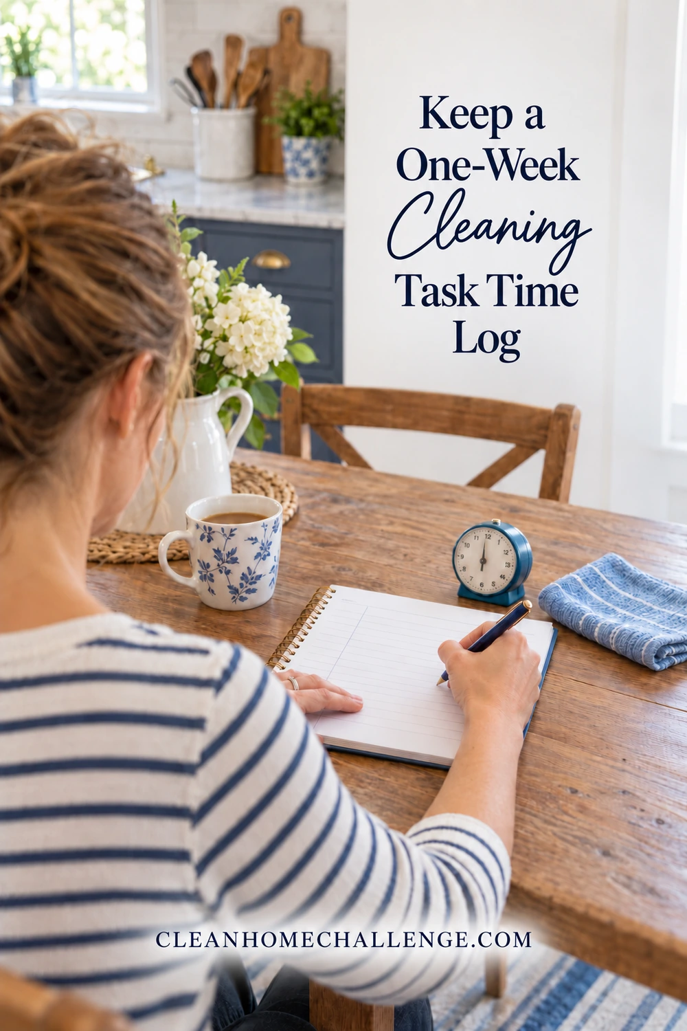 Over-the-shoulder view of a woman writing in a lined notebook beside a timer and folded towel.