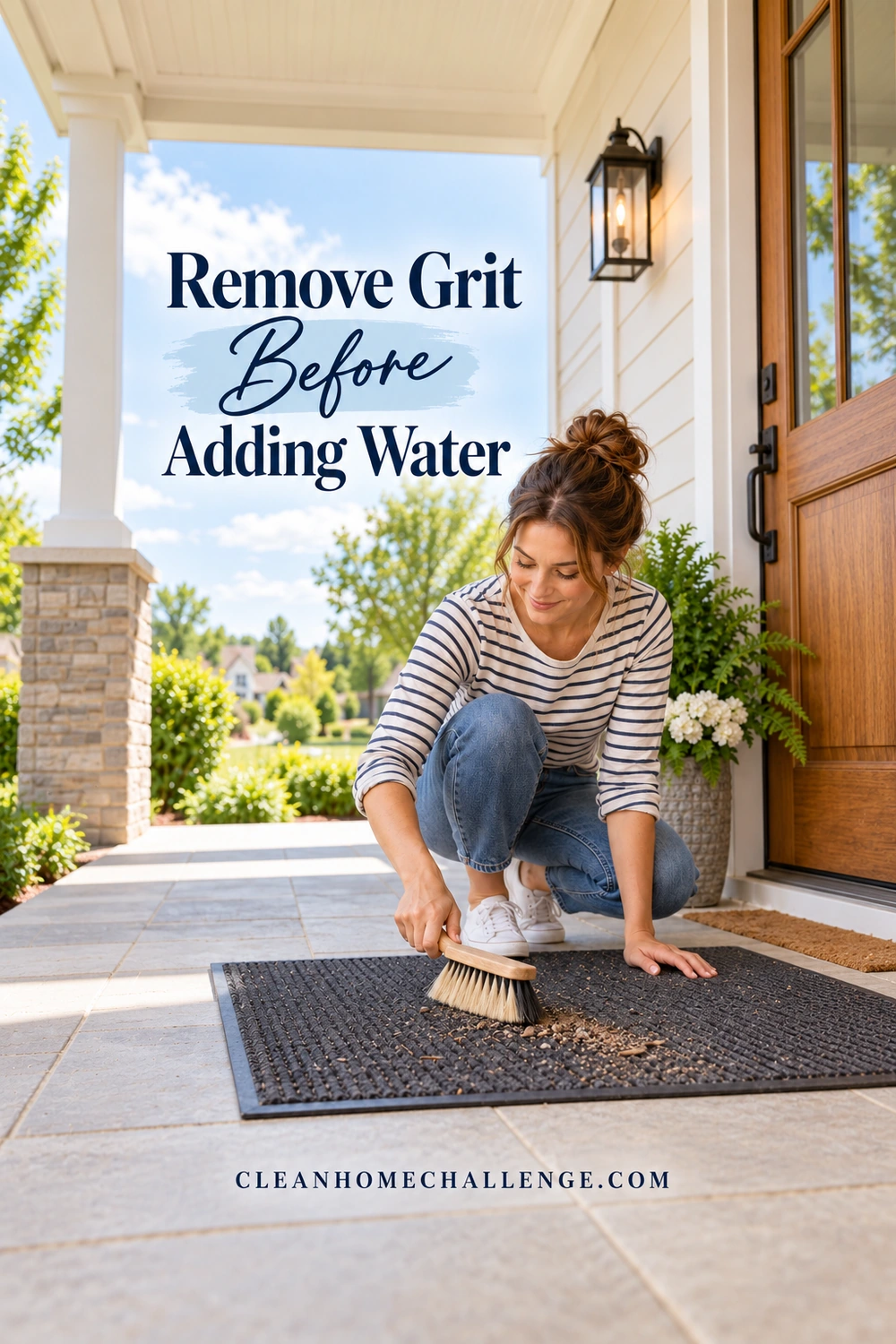 Woman gently brushing dry sandy grit from a charcoal entry mat on a covered stone porch.