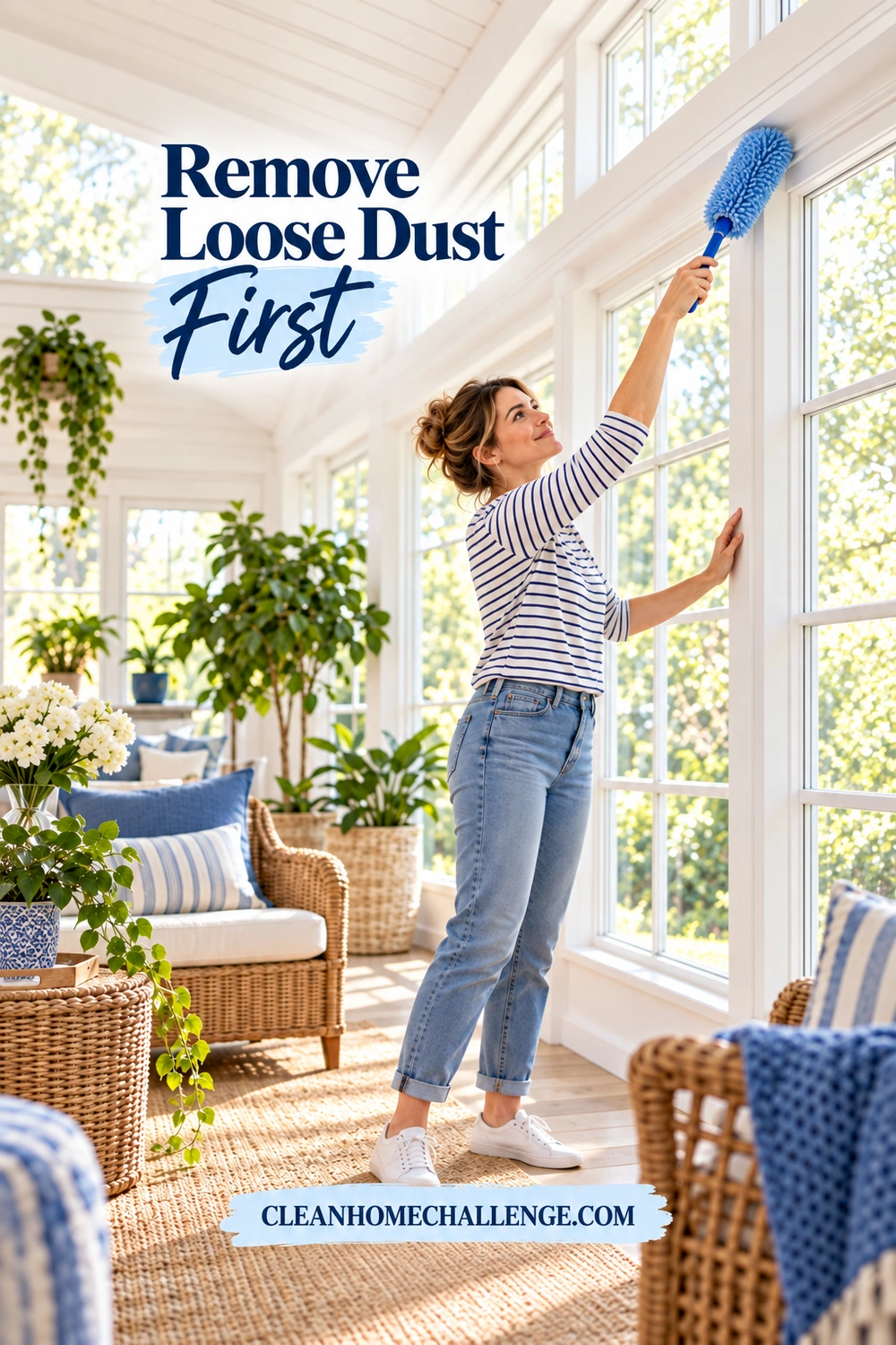 A woman gently gathers dust from a reachable upper frame with a soft extension duster.