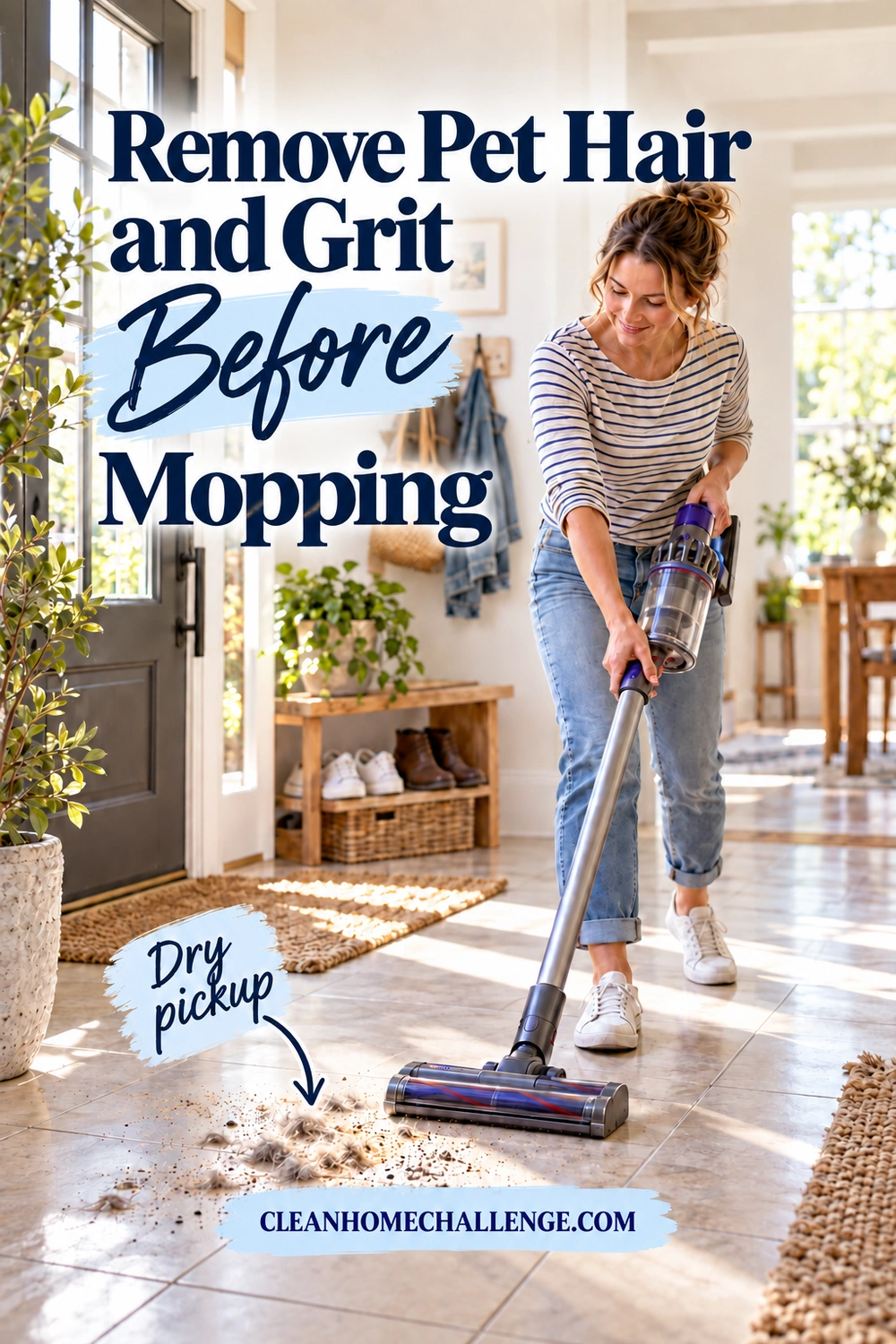 A mother uses a cordless vacuum to collect loose pet hair and grit on a tiled entrance floor.