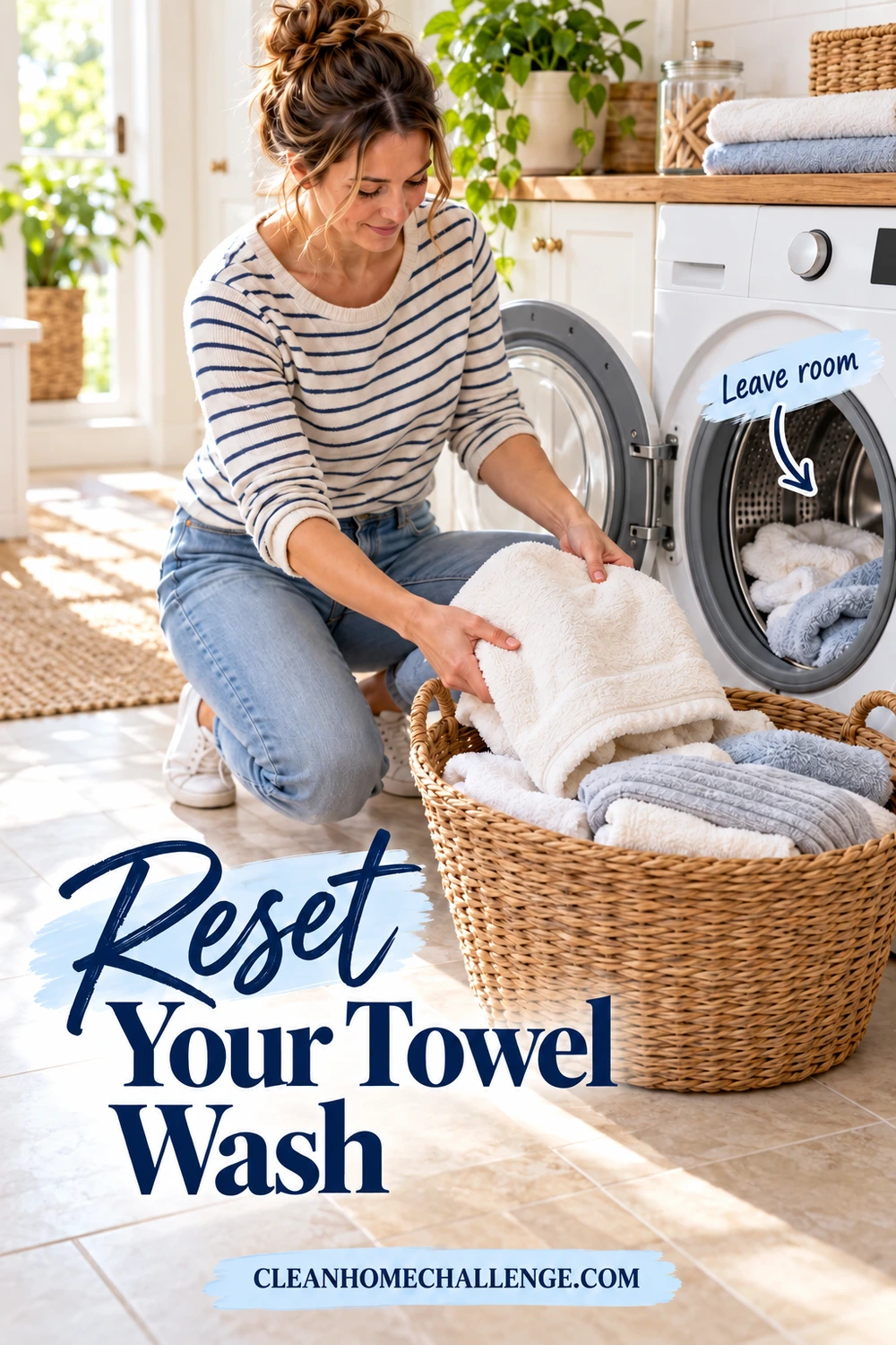 A woman kneels beside a loosely loaded washer while sorting cream towels in a large wicker laundry basket.