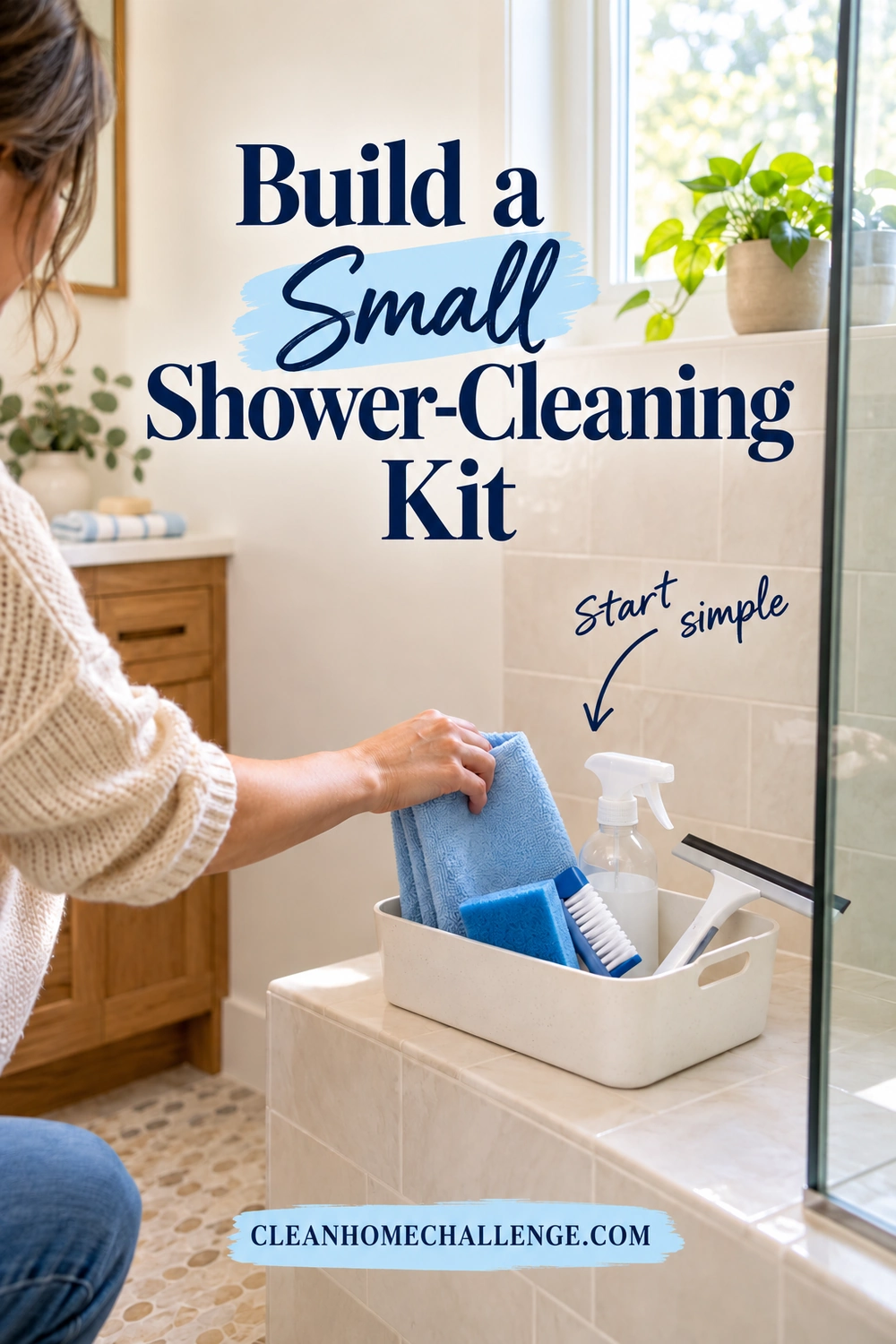 A woman places a blue cloth in an open bathroom caddy holding a brush, sponge, spray bottle, and squeegee.