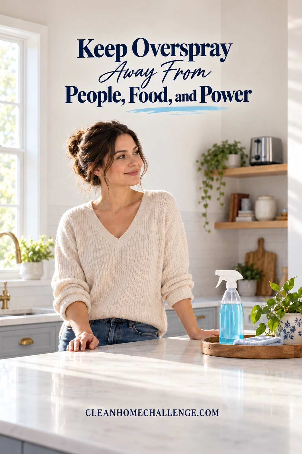 Woman beside a cleared kitchen counter with a closed spray bottle on a tray and an appliance on a distant shelf.