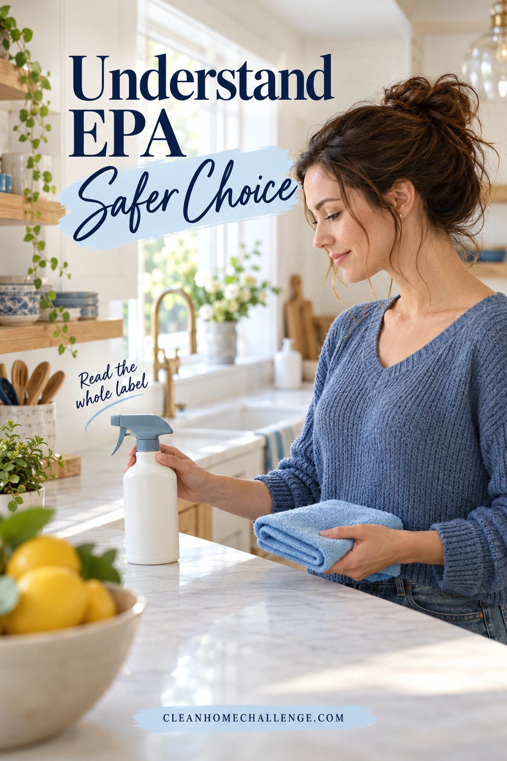 Woman in a blue sweater holding folded blue cloths beside a closed white spray bottle on a bright kitchen counter.