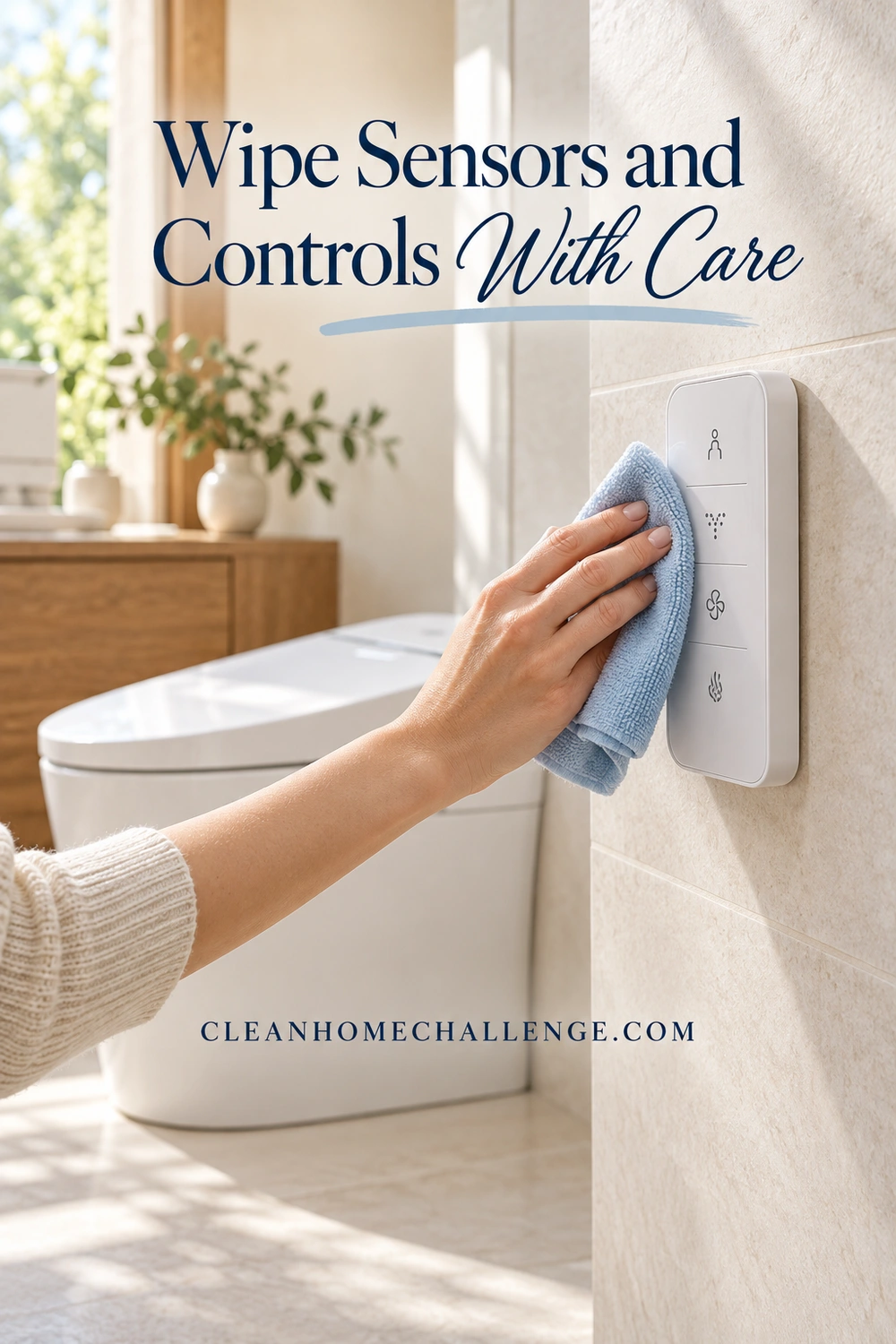 A hand wipes a white wall-mounted toilet remote with a folded blue cloth.