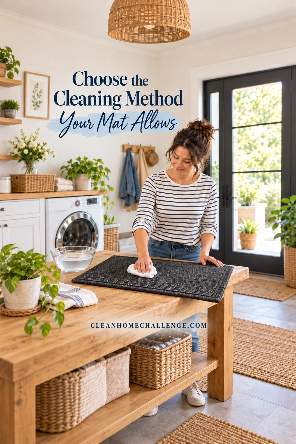 Woman using a damp white cloth to spot-clean a charcoal mat supported flat on a wooden utility table.