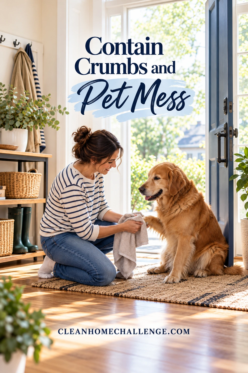 A woman dries a calm dog’s front paw with a towel beside the doorway.