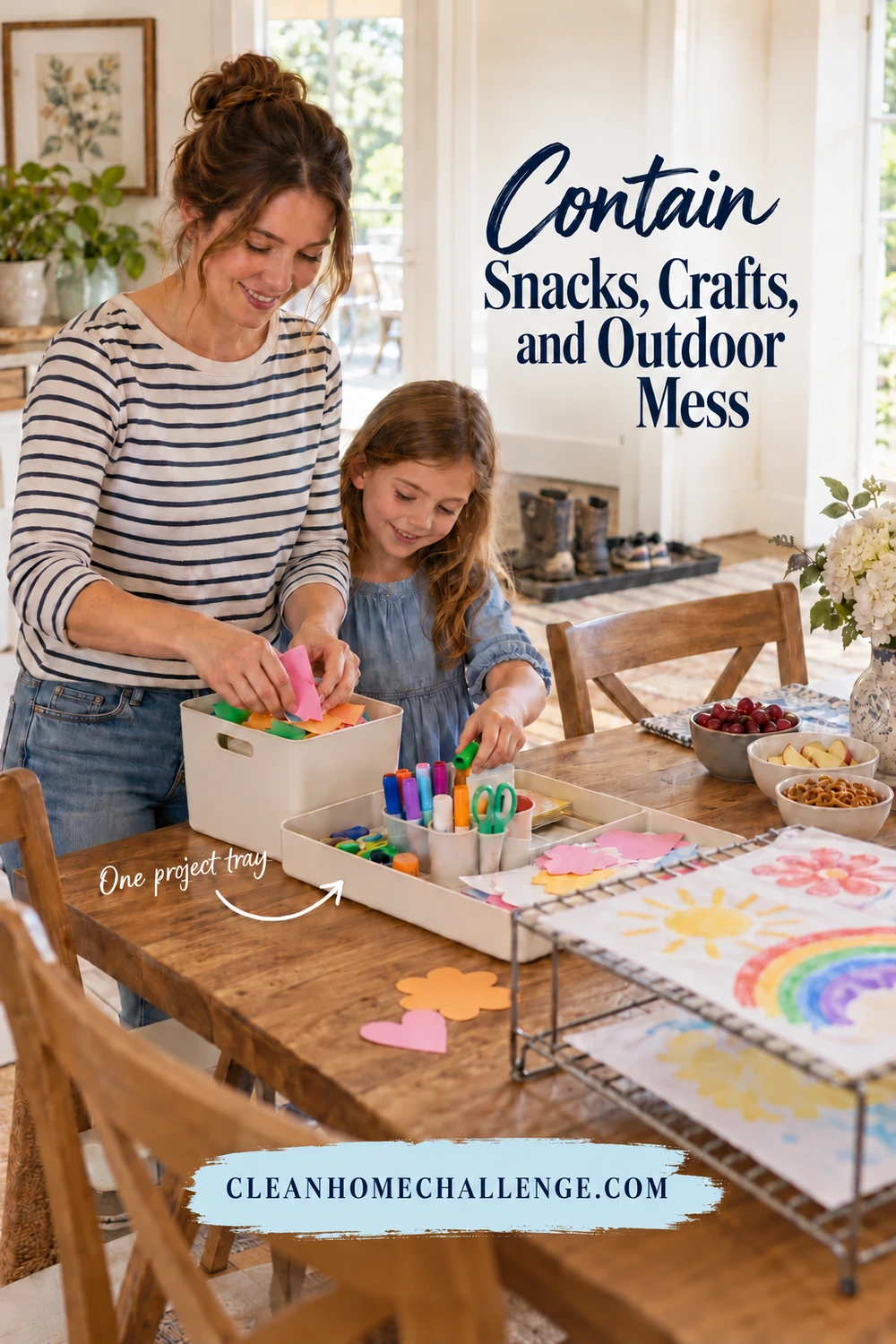 A woman and child return paper and markers to a craft tray beside drying artwork, separate snack bowls, and shoes by the door.