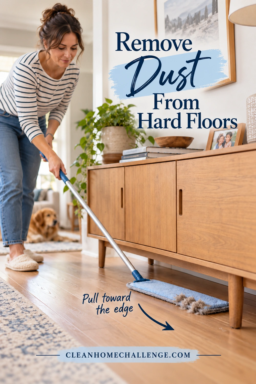 A woman draws a dry flat microfiber pad out from beneath a raised wood cabinet, collecting dust on the wood floor.