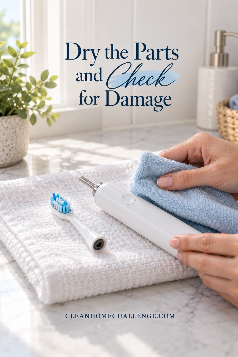 Hands gently dry a white electric toothbrush handle on a soft white towel, with the removable brush head set beside it.