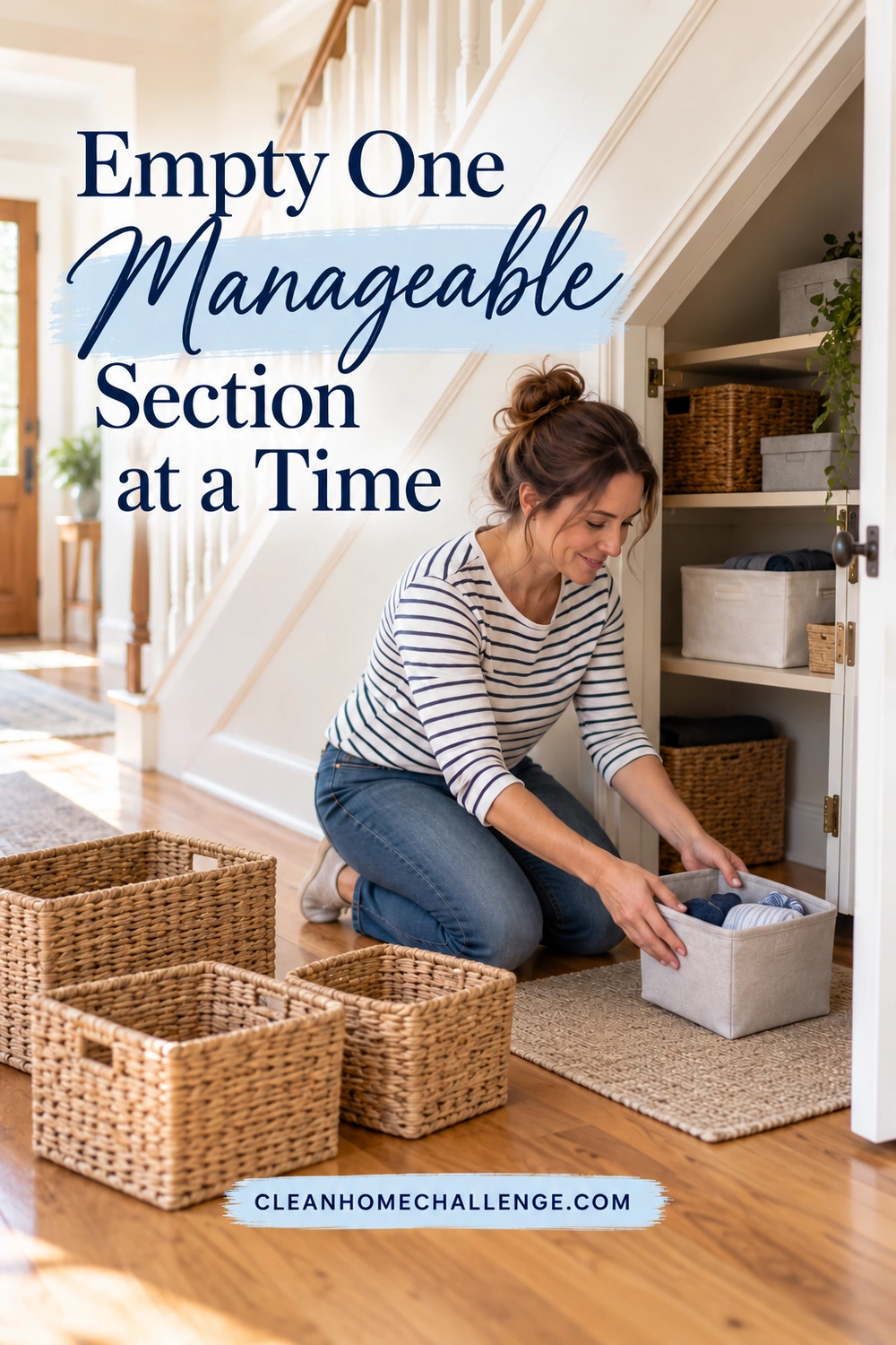 A woman kneels beside an open under-stairs cupboard, moving a small fabric bin onto a mat beside three empty baskets.