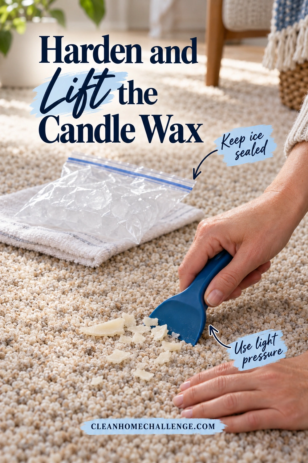 Hands gently lift brittle ivory wax chips from beige carpet with a blue plastic scraper. A sealed ice bag rests on a white cloth beside the work area.