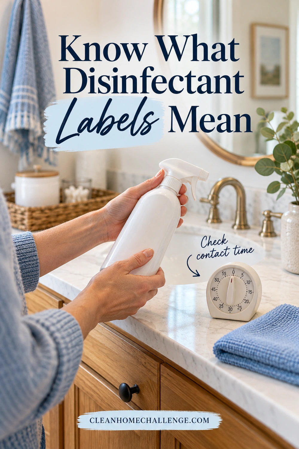 Hands hold a white spray bottle beside an analog timer and folded blue cloth on a bathroom vanity.