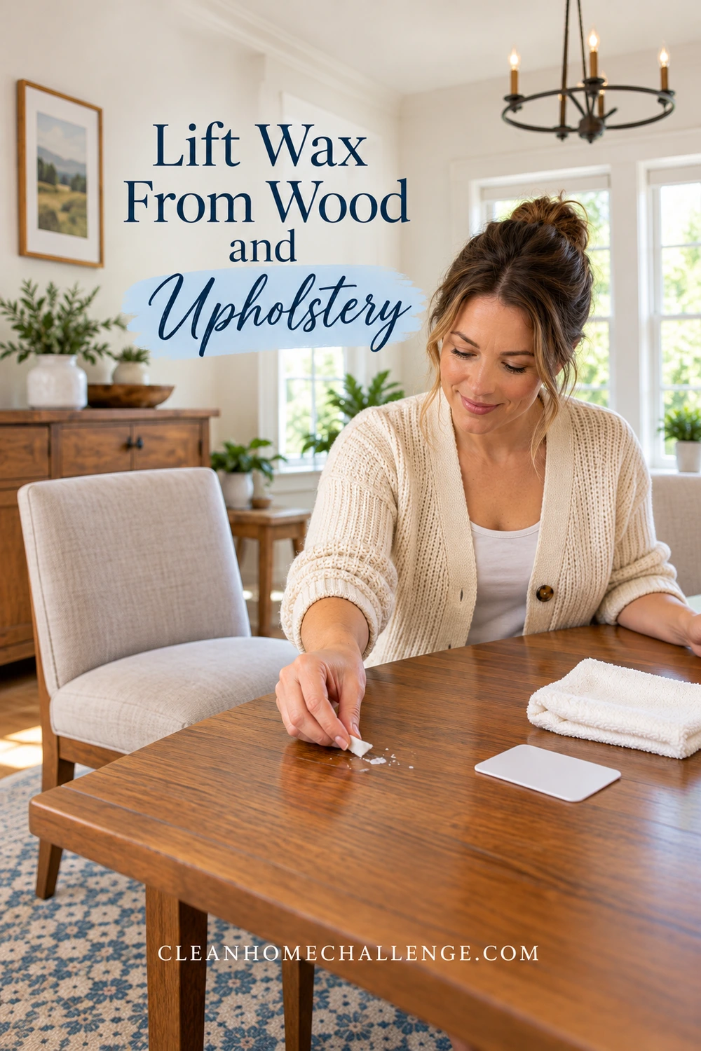Woman lifting a loose white wax flake from a wood dining table beside a cloth and plastic card, with an upholstered chair behind.