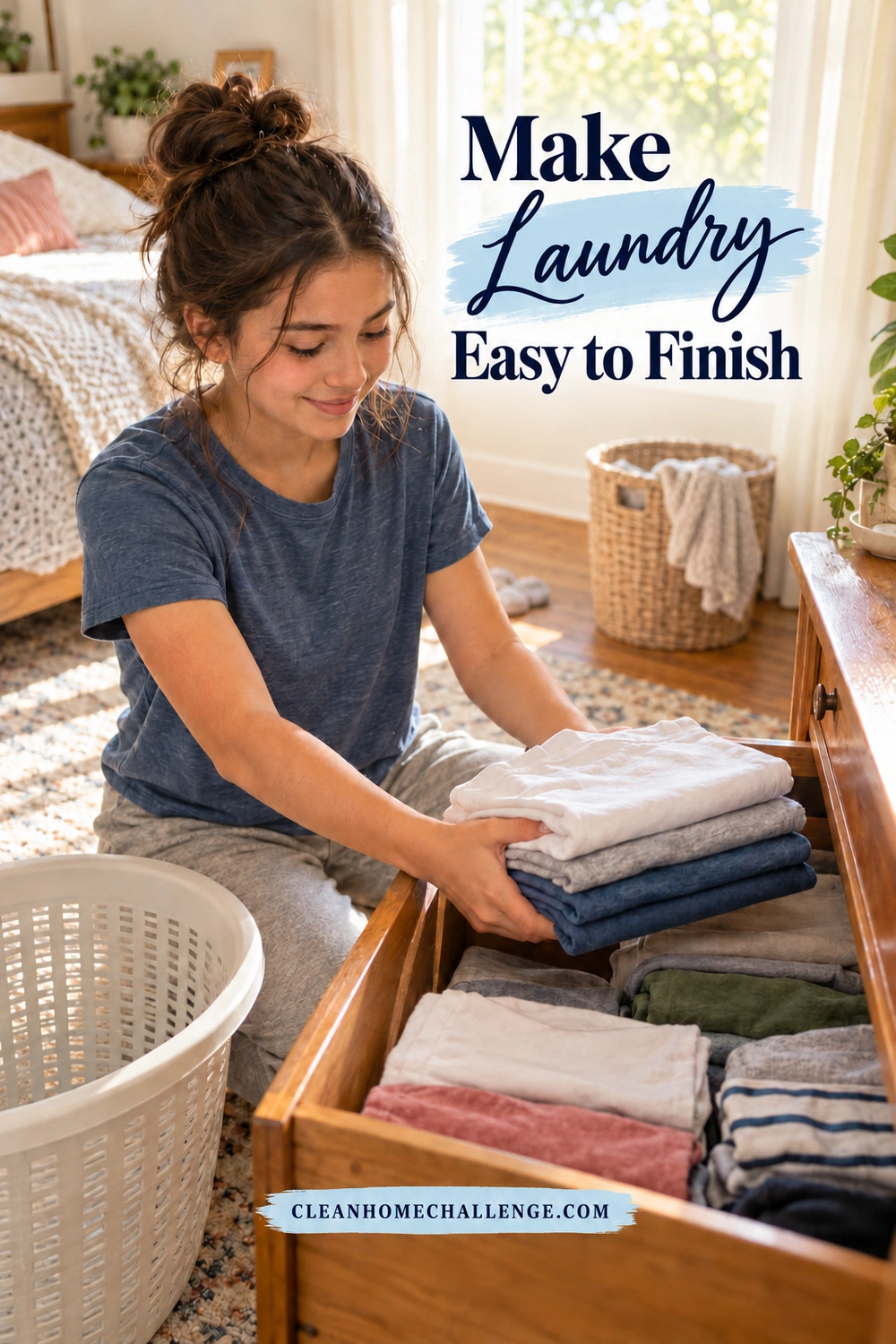 A teenage girl puts folded clothes into a dresser drawer, with an empty laundry basket beside her and a hamper in the bedroom.