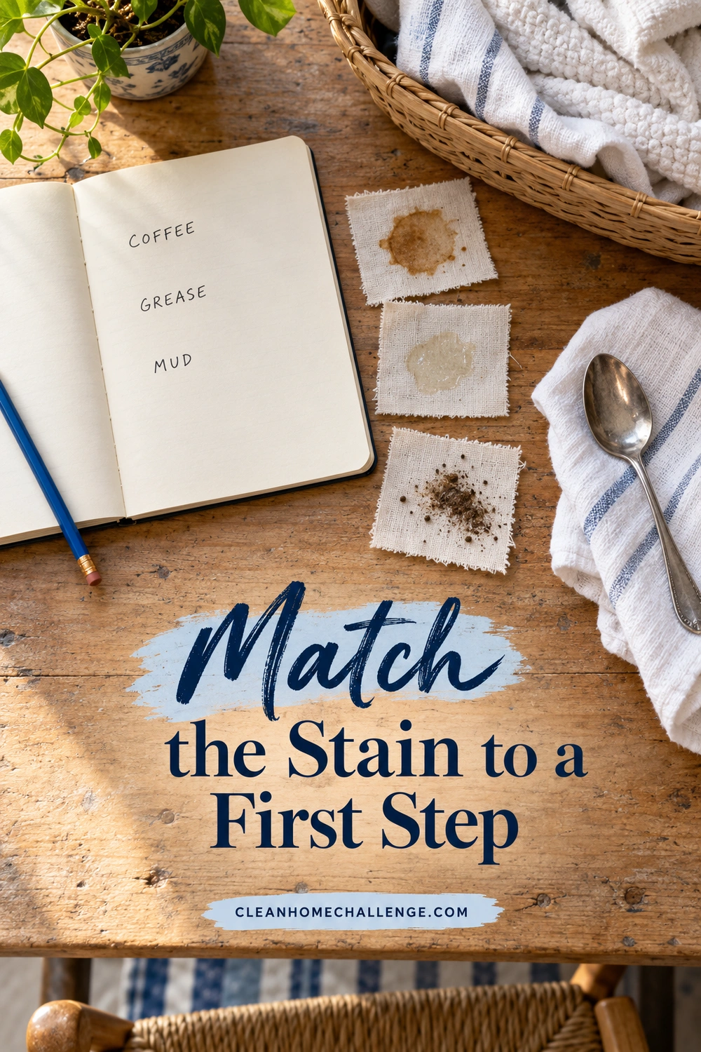 An open notebook labeled coffee, grease, and mud sits beside three stained fabric swatches, a spoon, and folded cloths on a wooden laundry table.