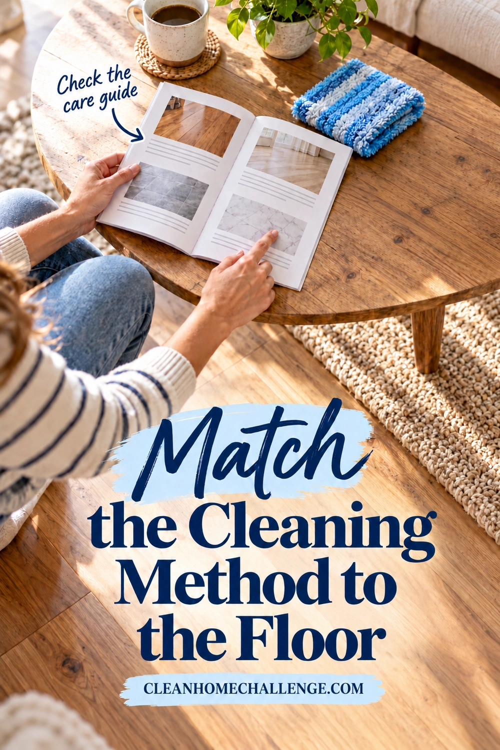 Adult hands review a floor-care booklet beside a folded blue mop pad on a wooden table.
