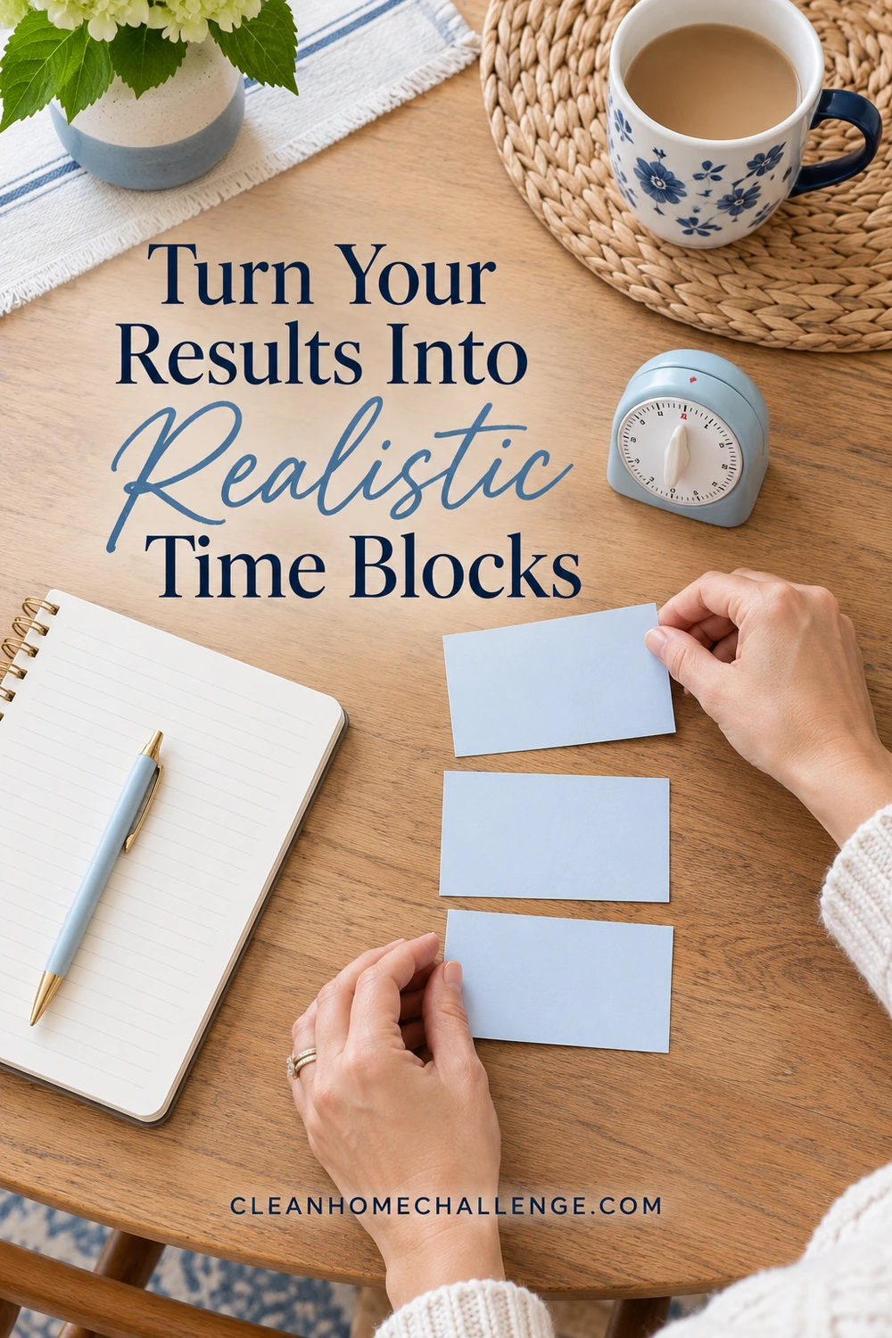 Two hands arranging three blank blue cards beside a notebook and timer on a wooden table.
