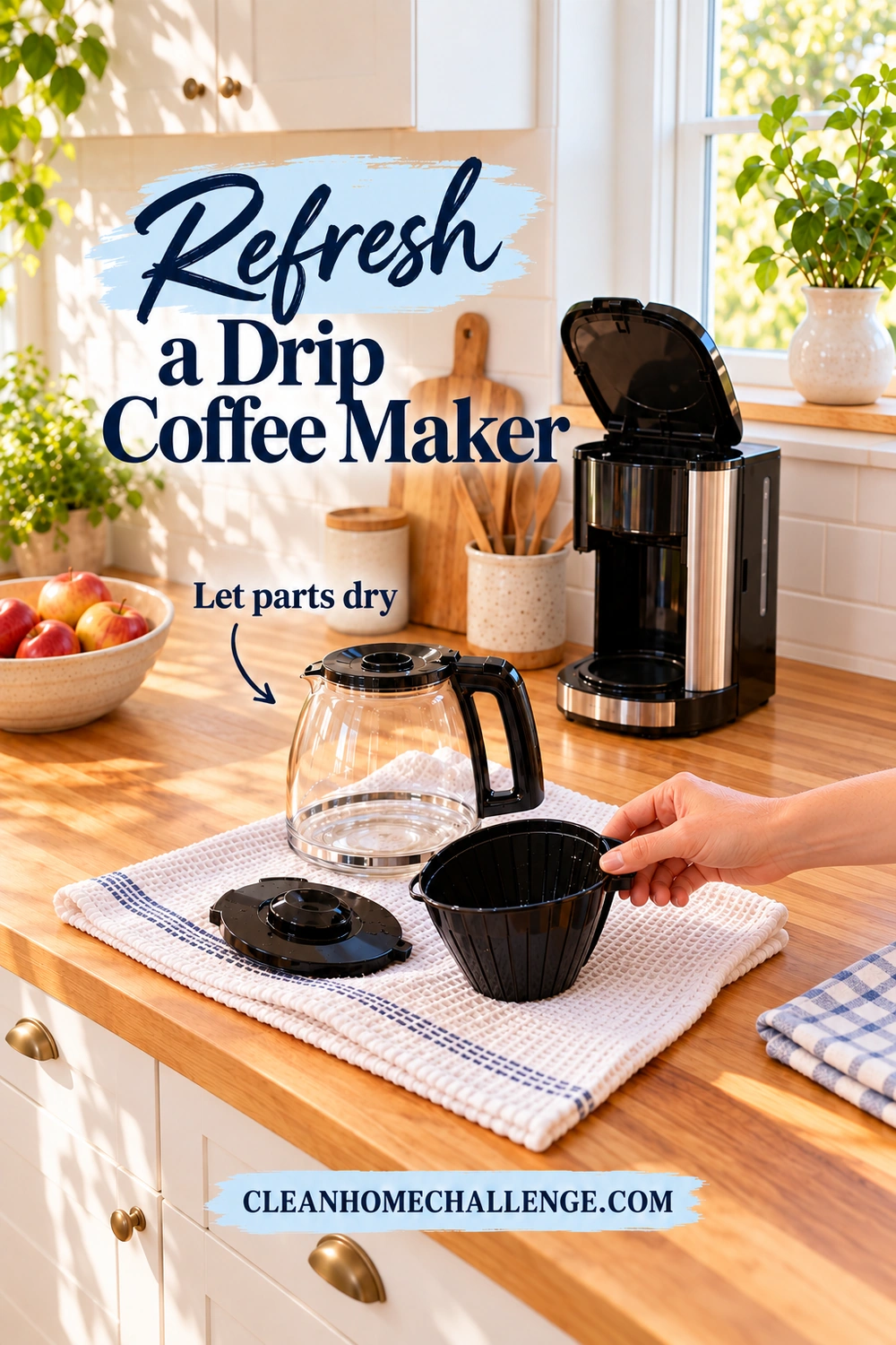 A hand sets a black brew basket on a towel beside a clean glass carafe, a loose lid, and a drip coffee maker with its top open.