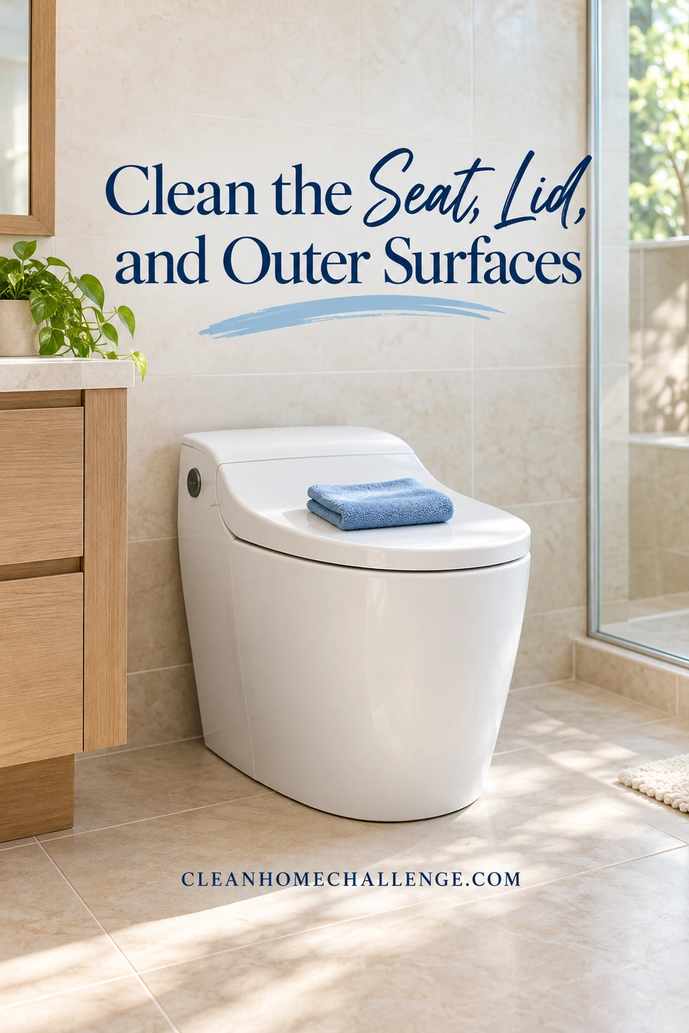 A blue cloth rests on the closed lid of a white smart toilet beside a wood vanity.