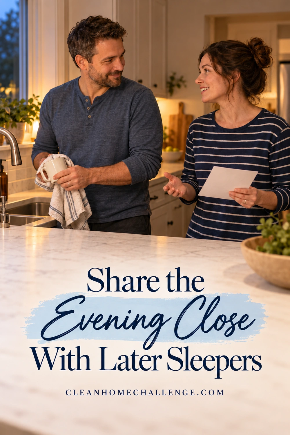Man drying mug while woman holding blank card discusses kitchen close.