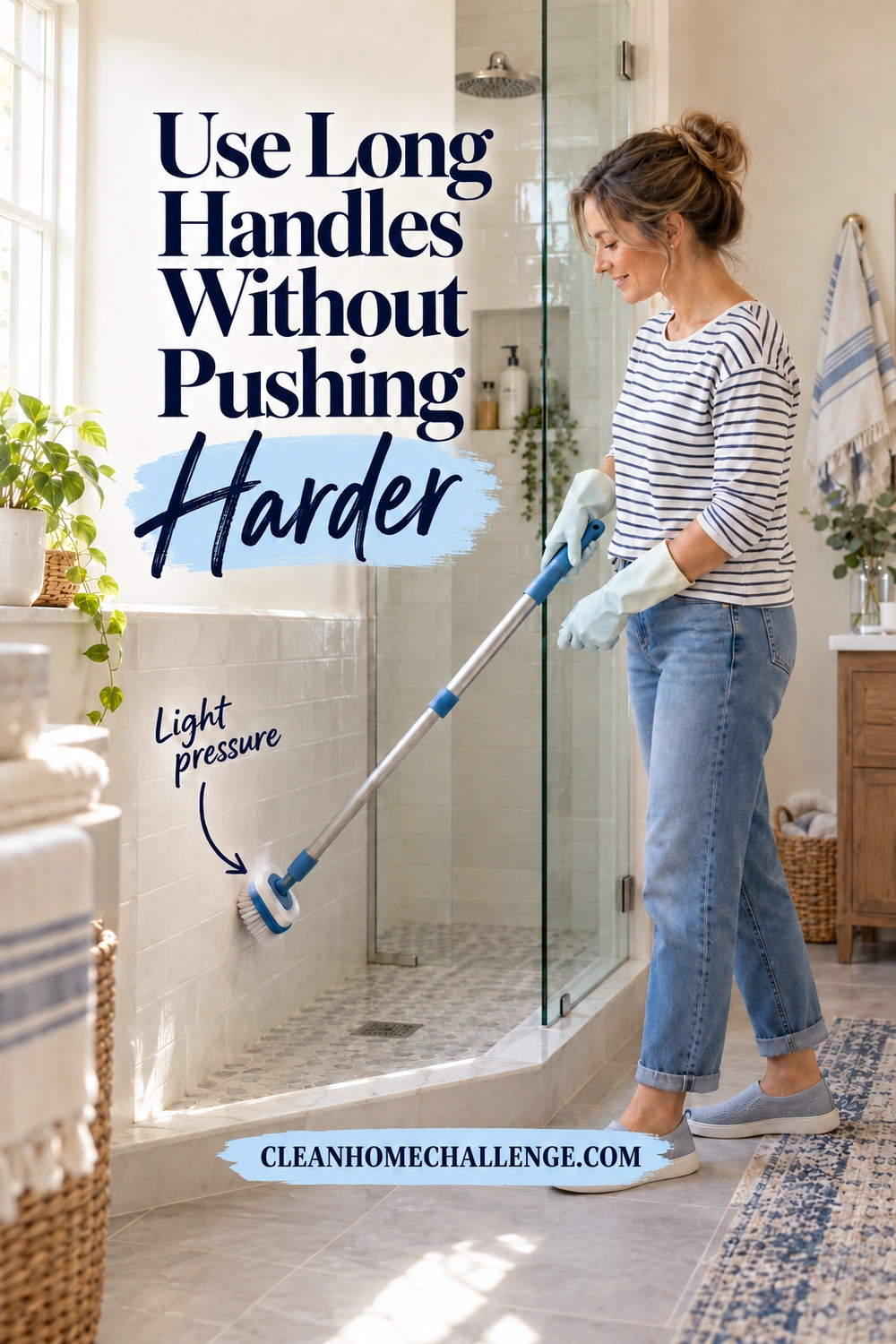 A woman in a striped shirt and gloves uses a long-handled brush on a low tiled shower wall while standing outside the enclosure.