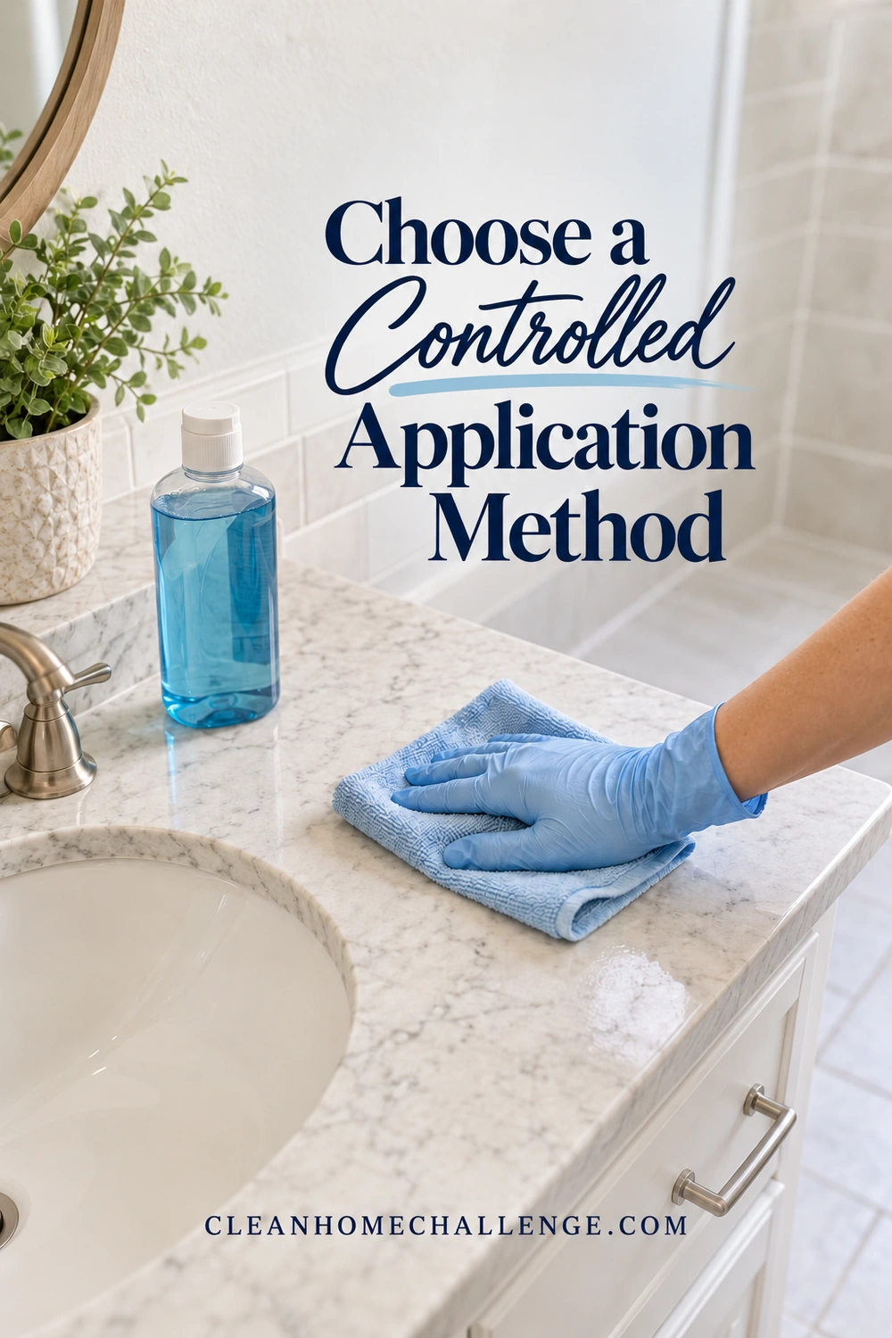 Blue-gloved hand wiping a bathroom vanity with a folded cloth beside a closed cleaner bottle.