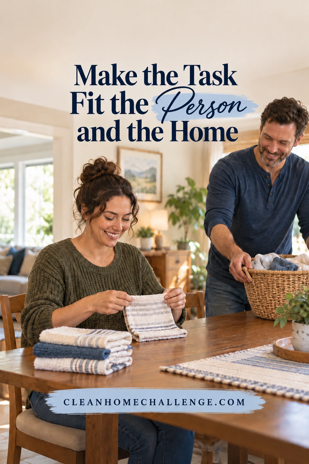 A seated woman folds a small towel while another adult places a basket on the table.