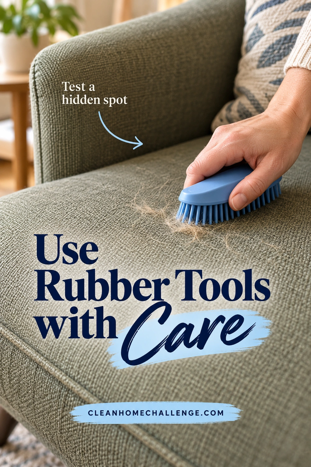 A hand gently uses a blue rubber-bristle brush on an olive woven chair seat, beside gathered fur and an arrow to a hidden test area.