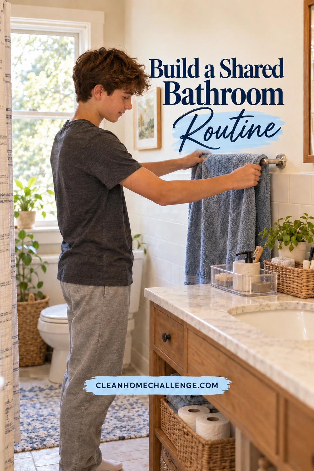 A teenage boy spreads a blue towel over a bathroom bar beside an organized sink counter and a basket of spare toilet paper.