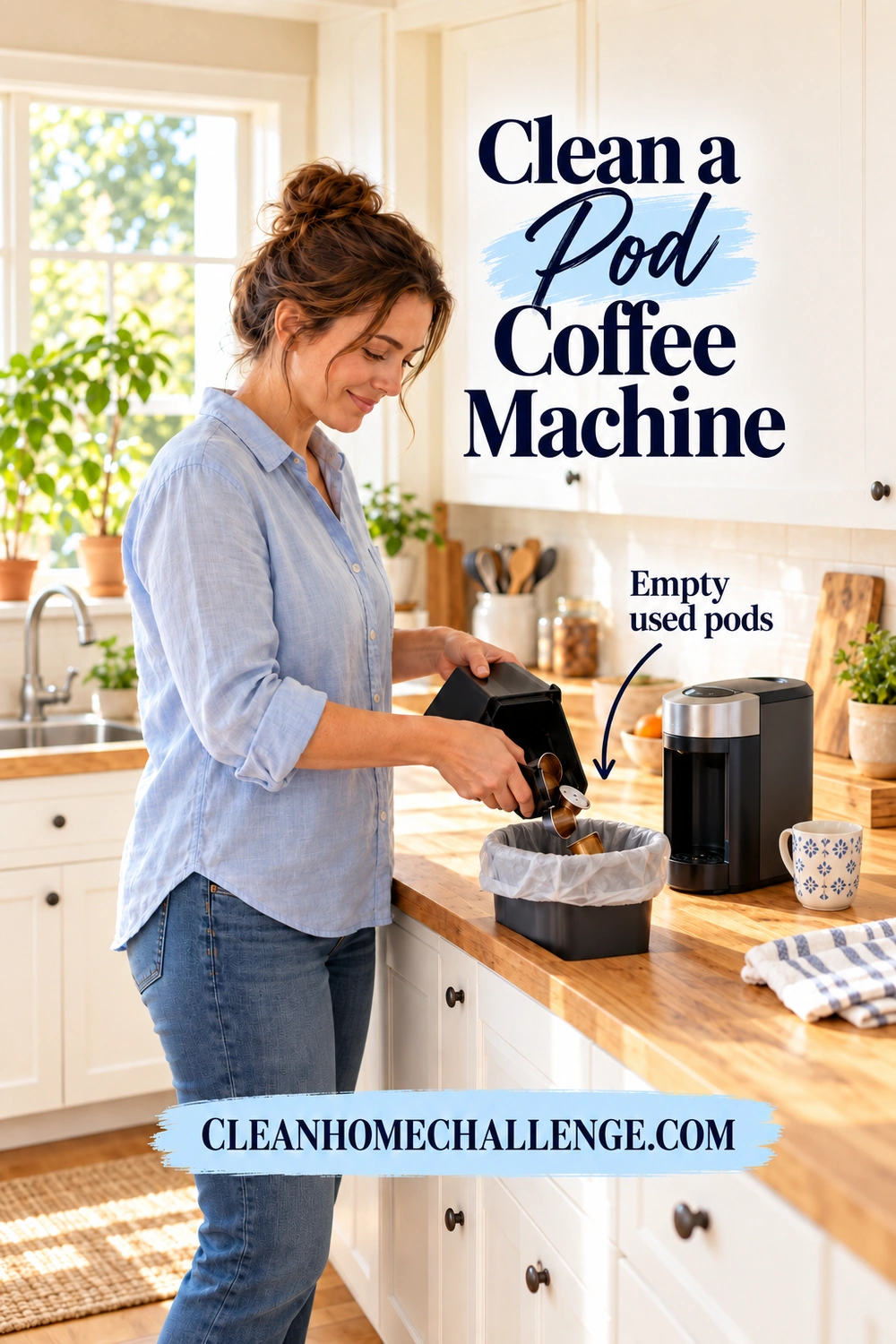 A woman tips used coffee capsules from a removed waste container into a small lined bin beside a pod coffee machine.